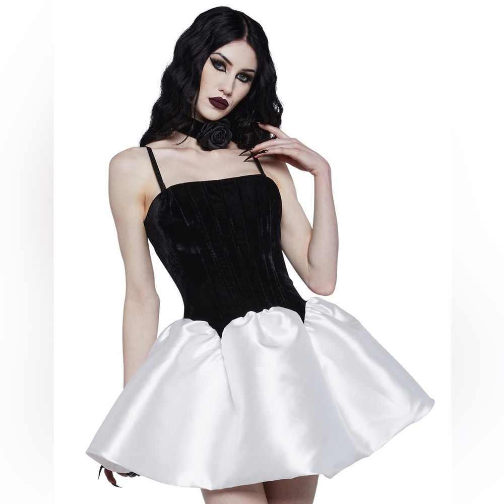 Dollskill Unholy Black & white gothic mini dress with corset top and satin skirt